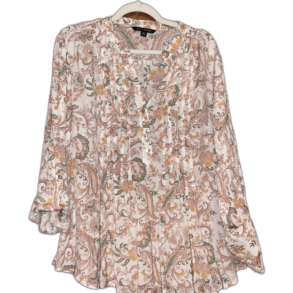 Zac & Rachel Pink Paisley Button-Front Blouse with Green and Tan Accents